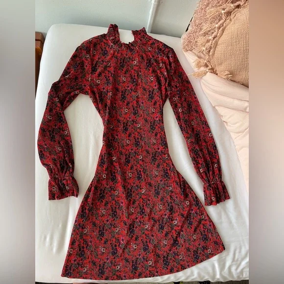 ASOS | Dresses | Red Floral Mock Neck Long Sleeve Plisse Dress | Poshmark